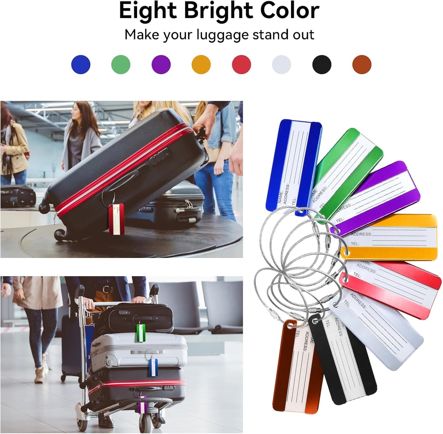 AOUTACC 8 Pack Aluminium Metal Travel Luggage Tags Suitcase Card Holder Baggage Name Address ID Bag Label with Key Ring