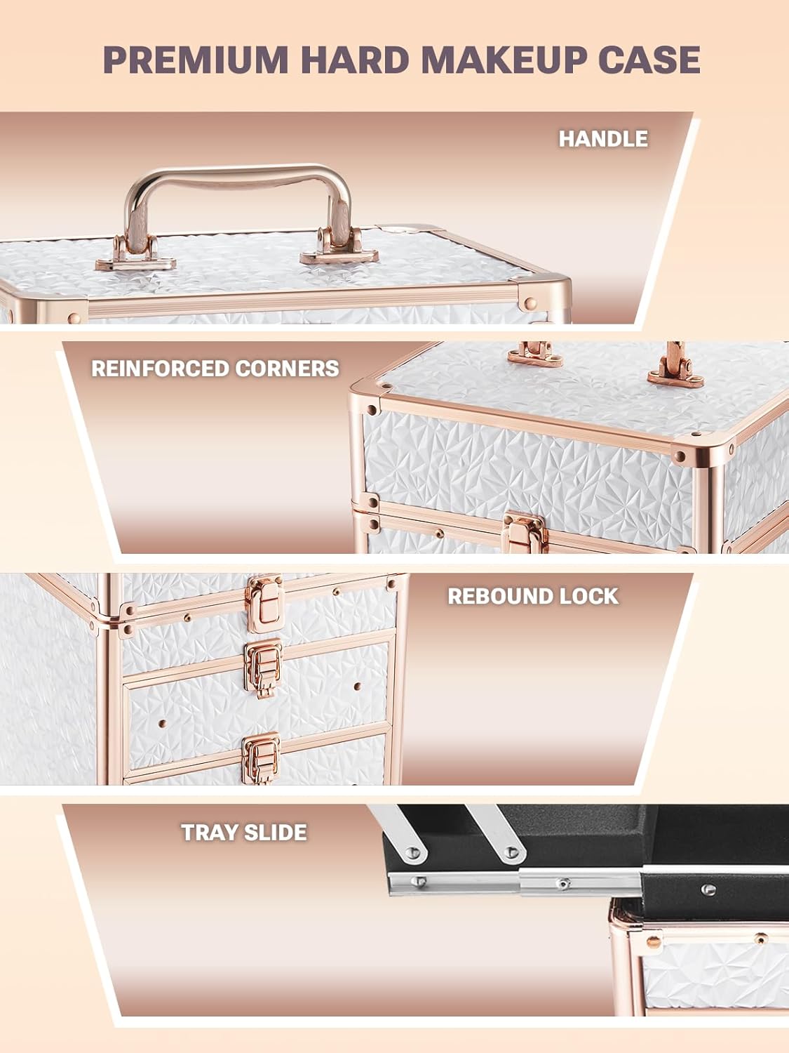 Qislee Makeup Box with Double Drawers and Four Trays, A Detachable Lighted Mirror, Waterproof Travel Train Case, Cosmetic Organizer and Makeup Suitcase with Magnetic LED Mirror(Bright White)