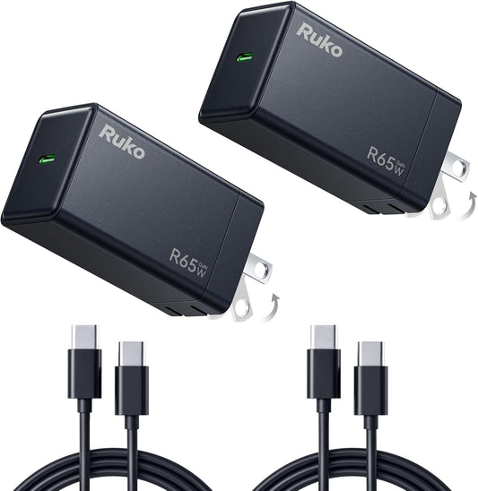Ruko 65W GaN USB C Charger, 2 Pack with 2 USB-C Cables, Compact Foldable Fast Charger Block, PD 3.0 & QC 3+, Compatible with MacBook, iPhone 17/16, Galaxy S25/S24, iPad Pro, Steam Deck, and More