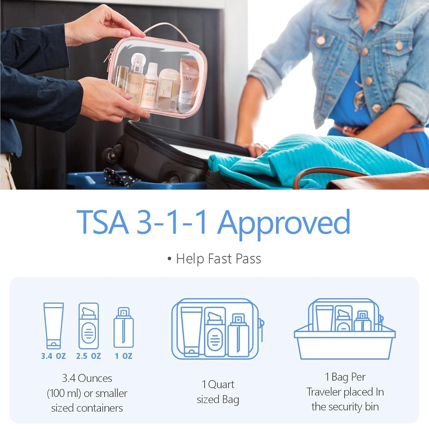 PACKISM TSA Approved Toiletry Bag, 3 Pack Clear Makeup Bags with Handle Large Opening, Clear Toiletry Bags Fit Carry-on Travel Essentials, Quart-sized Travel Bags for Toiletries, Rose Pink