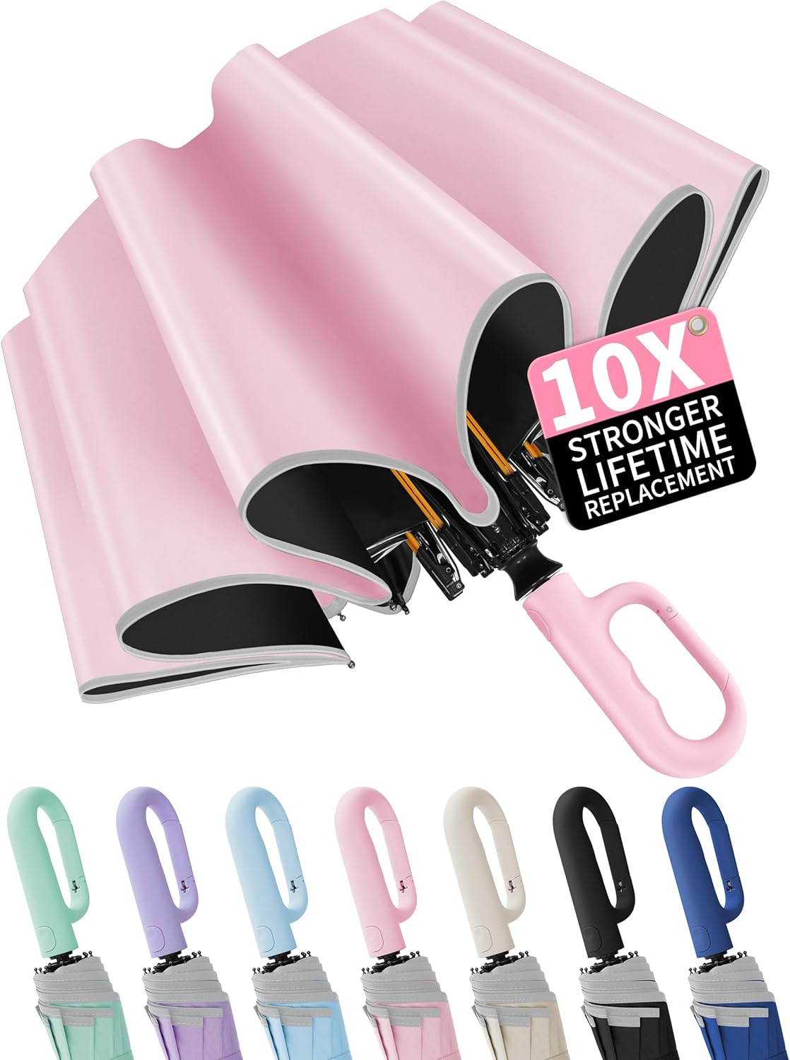 Seniny Travel Umbrella with Carabiner Handle, Windproof Large Umbrellas for Rain with Dual-Rib Structure, Portable Compact Umbrella with Reflective Strip, Car Backpack UV Umbrellas for Sun Protection