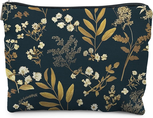 Vintage Boho Floral Makeup Bag, Dark Moody Wildflowers Floral Cosmetic Bags for Women, Dark Cottagecore Botanical Plant Zipper Makeup Pouch