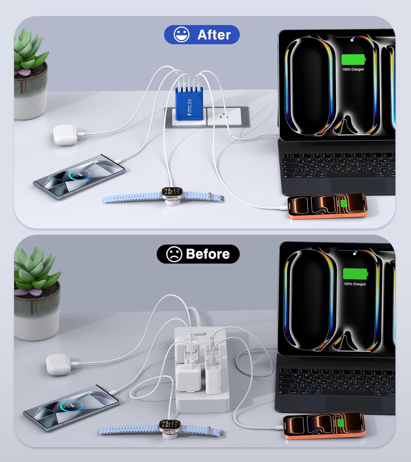 60W USB C Fast Charger Cube,2 Pack PD+QC Charging Block Power Adapter 5 Port Wall Mount Plug for iPhone 17 16 15 14 13, Motorola, LG, Google Pixel 6a/6 Pro/6/5a/5/4/4A Box Brick (Dark Blue)