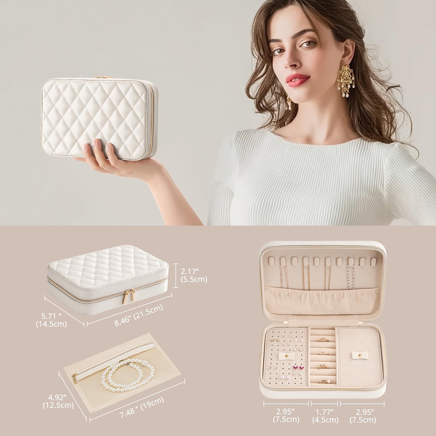 Lolalet Travel Jewelry Case for Women Girls -Medium, White