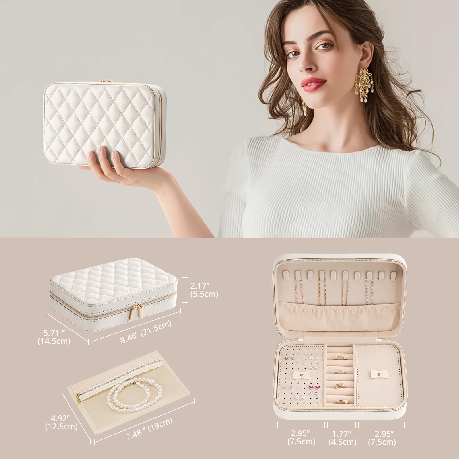 Lolalet Travel Jewelry Case for Women Girls -Medium, White