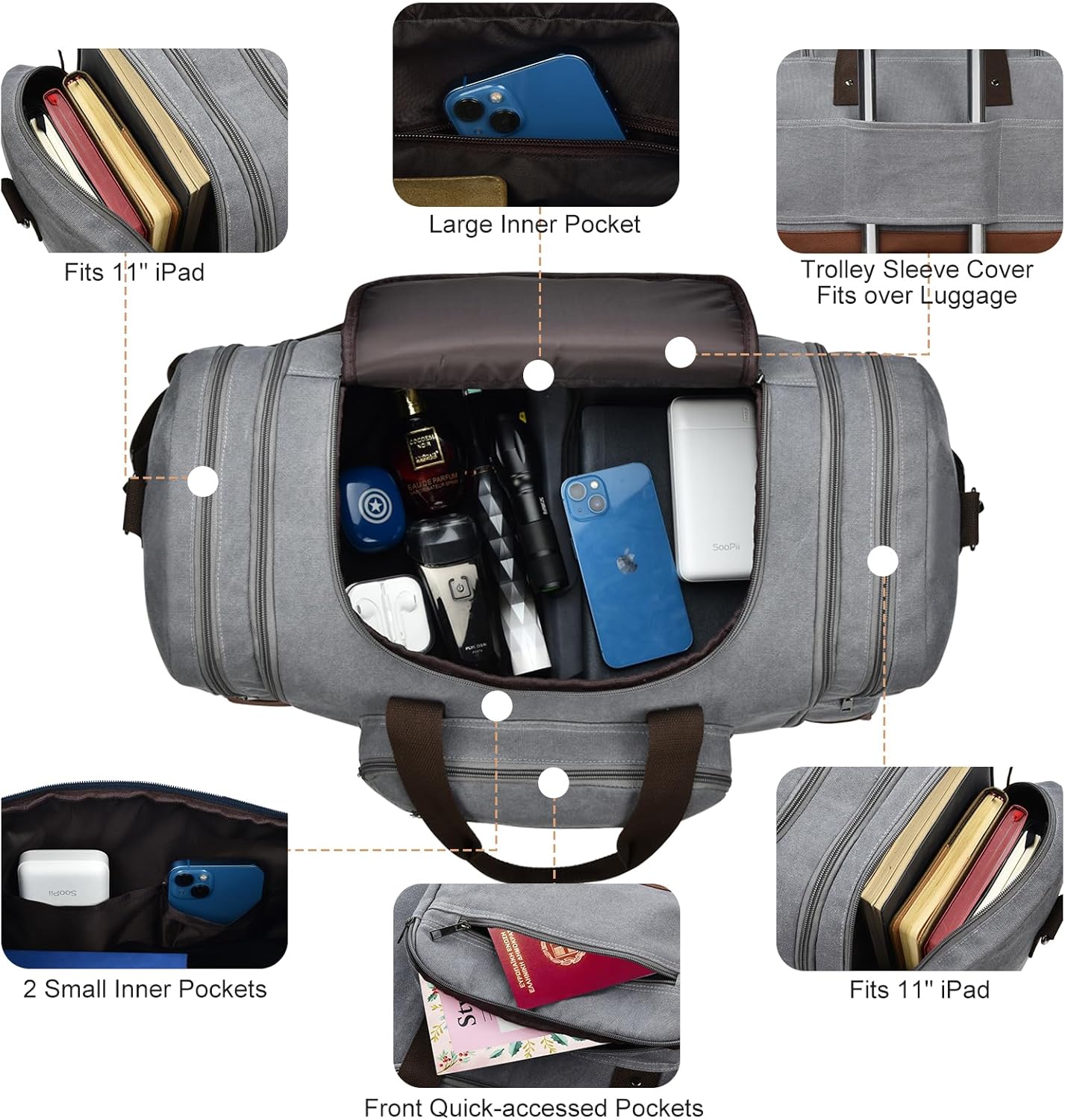 Litvyak Duffle Bag for Travel, 50L Canvas Travel Duffel Bags Overnight Weekend Gym Carry On Luggage Bag for Men & Women(Grey+Toiletry Bag)