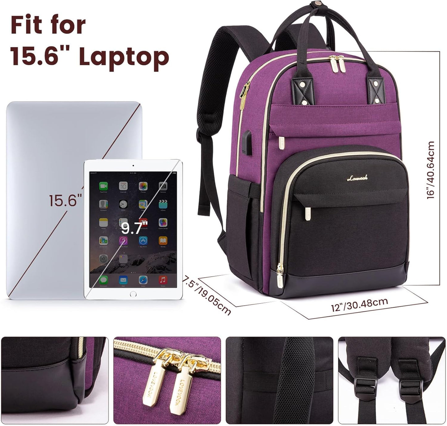 LOVEVOOK Backpack for Women,Laptop Backpack Women,Fits 15.6 Inch Laptop Bag,School Backpacks,Fashion Travel Work Anti-theft Bag,Waterproof Business Computer College Backpack Purse,Purple-Black-Black