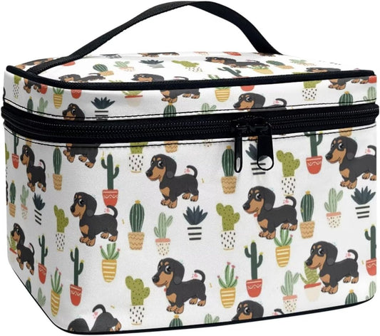 JoyLamoria Cute Dachshund Cactus Makeup Case Portable Cosmetic Bag Toiletry Containers for Women Girls