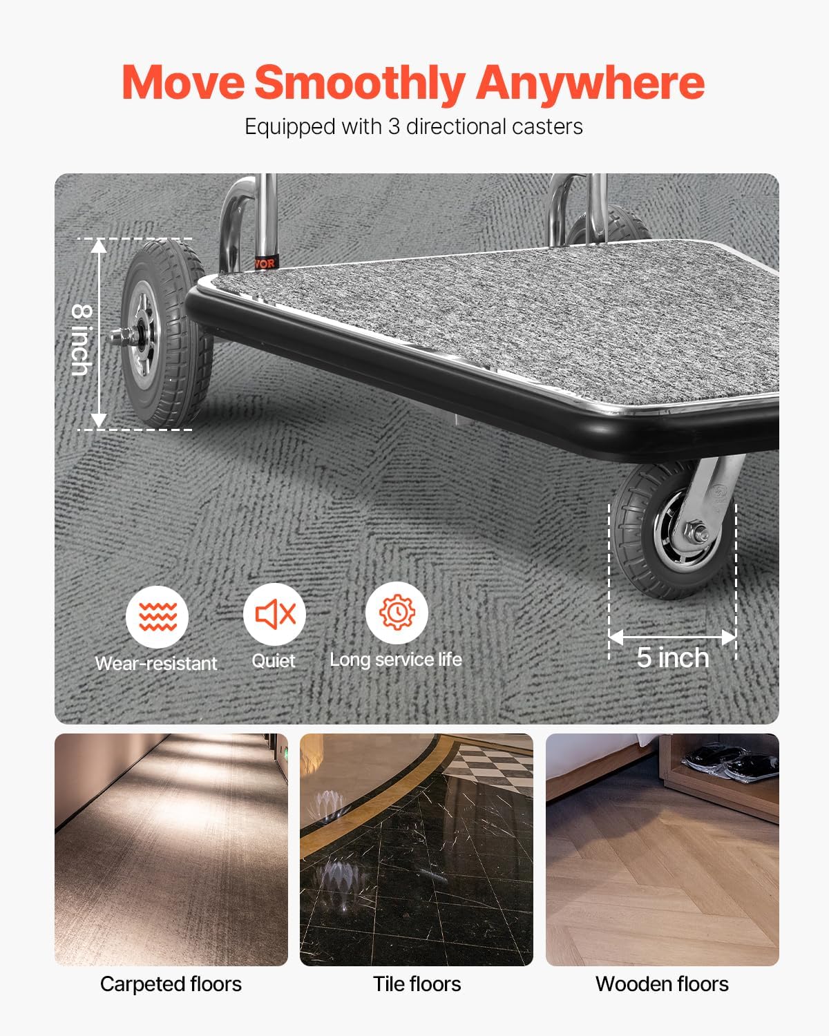 VEVOR Luggage Cart, 600 LBS Load Capacity, 3 Wheel Stainless Steel Bellman Cart, Valet Kart with Grey Carpeted Deck and Rubber Wheels, Ideal for Convention Centers, Hotels, Rental Properties, Silver