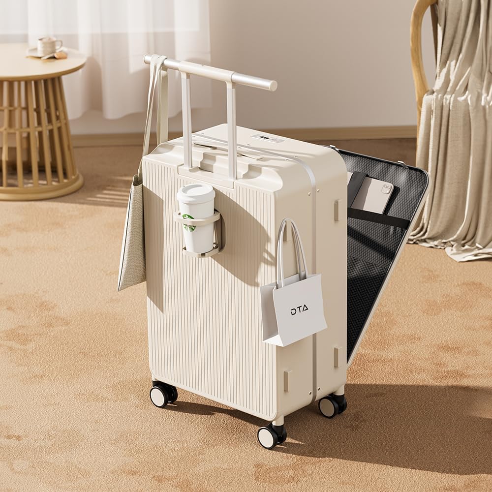 Top Opening 20-inch Carry On Luggage - Zipperless, Aluminum Frame Hard Shell PC Suitcase, Noble TSA Airline Approved Suitcases with Spinner Wheels (Beige)