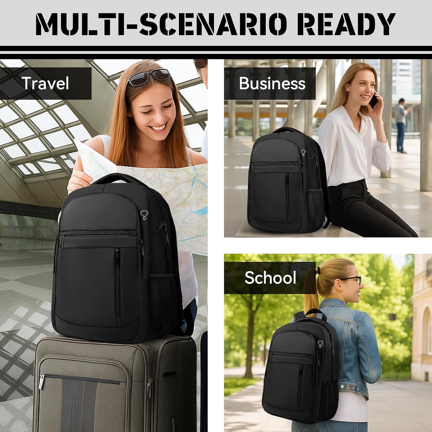Travel Backpack for Men, 40L Business Laptop Backpack with 17.3 Inch Laptop Compartment, Lightweight Daypack for Flight, Durable Water Resistant Bookbag, Hiking, Work Backpack, Black