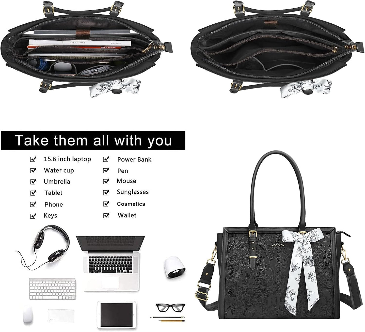 MOSISO Laptop Bag for Women, PU Leather Tote Bag, Front Embossed Retro Hibiscus Computer Bags with Silk Scarf&Clutch Purse