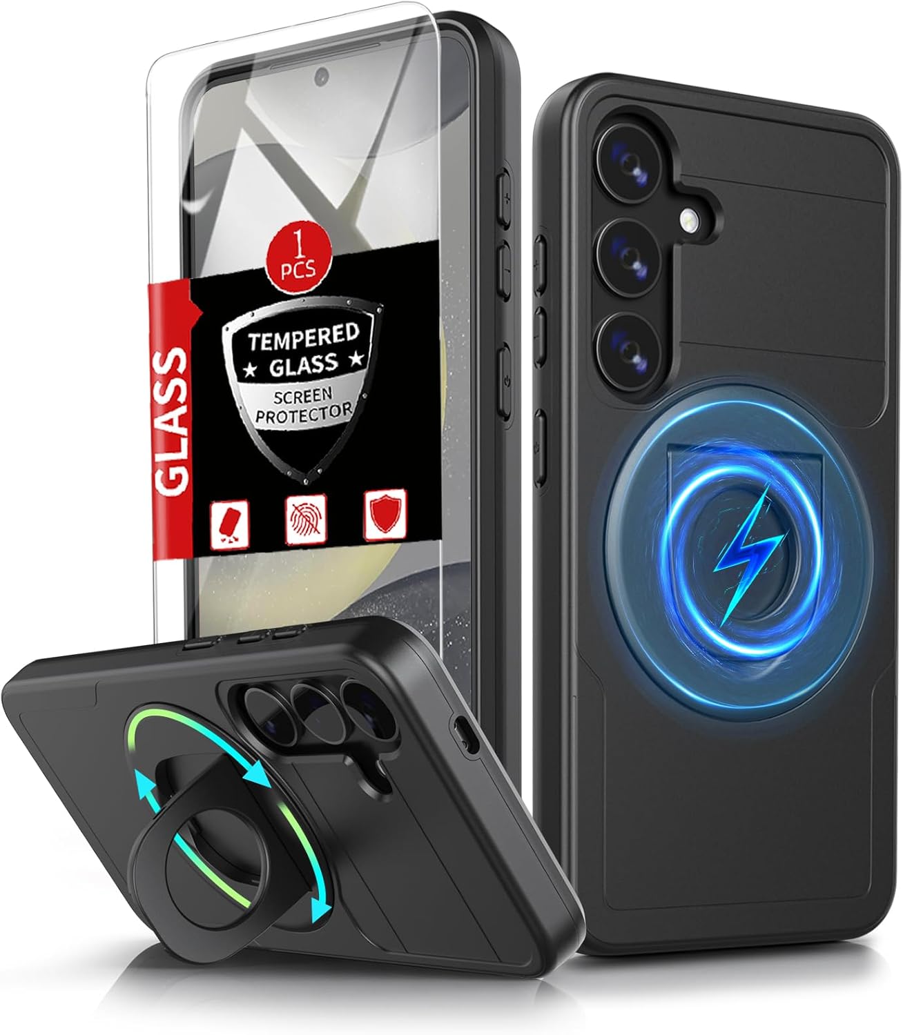for Samsung Galaxy S24 Case Magnetic Compatible with MagSafe Wireless Charging,with Screen Protector,for S24 Phone Case with Kickstand Ring Anti-Scratch Shockproof Heavy Duty Protection Black
