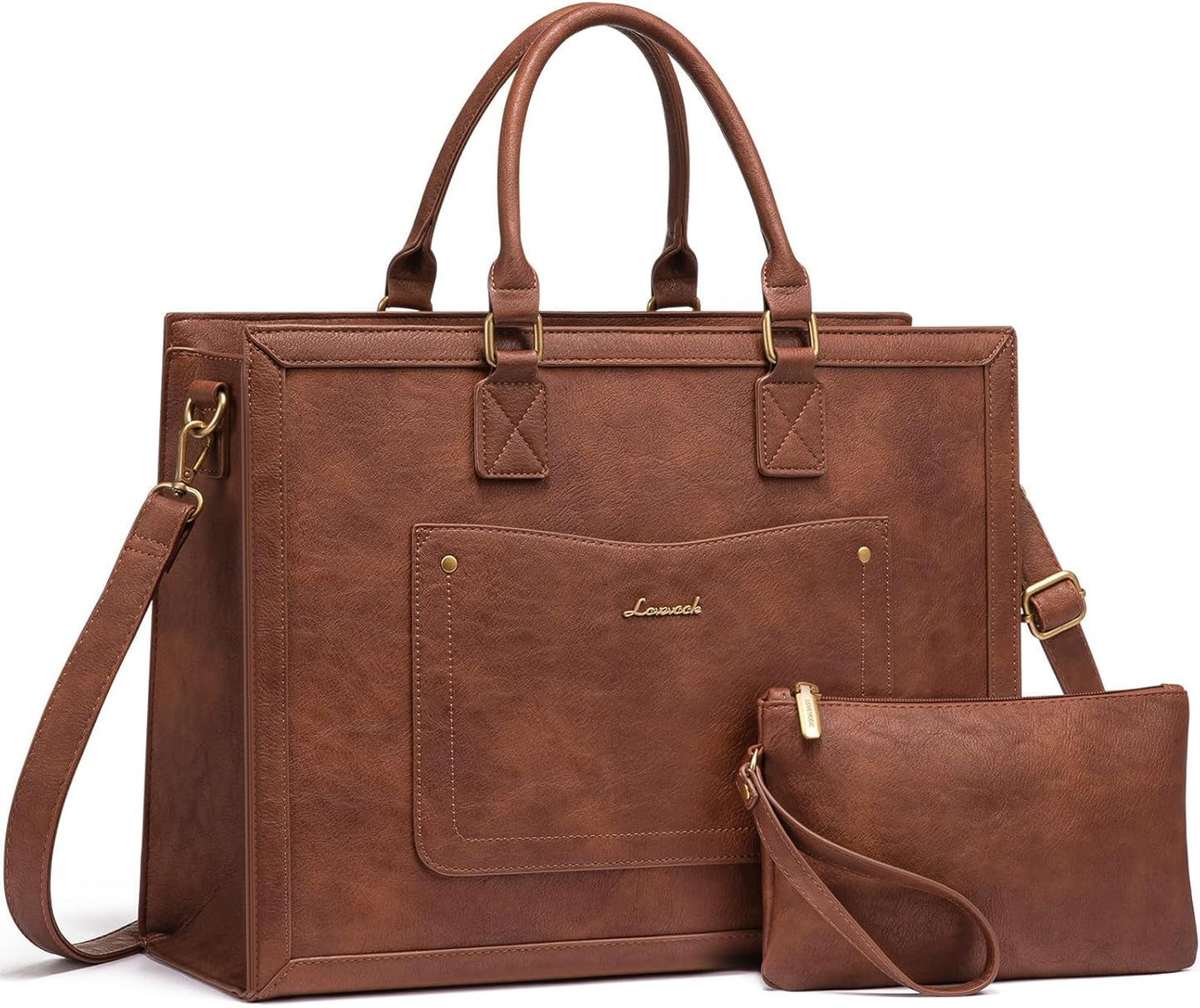 LOVEVOOK Laptop Tote Bag for Women, 17.3 Inch Work Bags, Vintage Leather Tote Bag, Waterproof Computer Bags with Clutch Purse, Large Capacity Messenger Bag for Teacher College Business Office