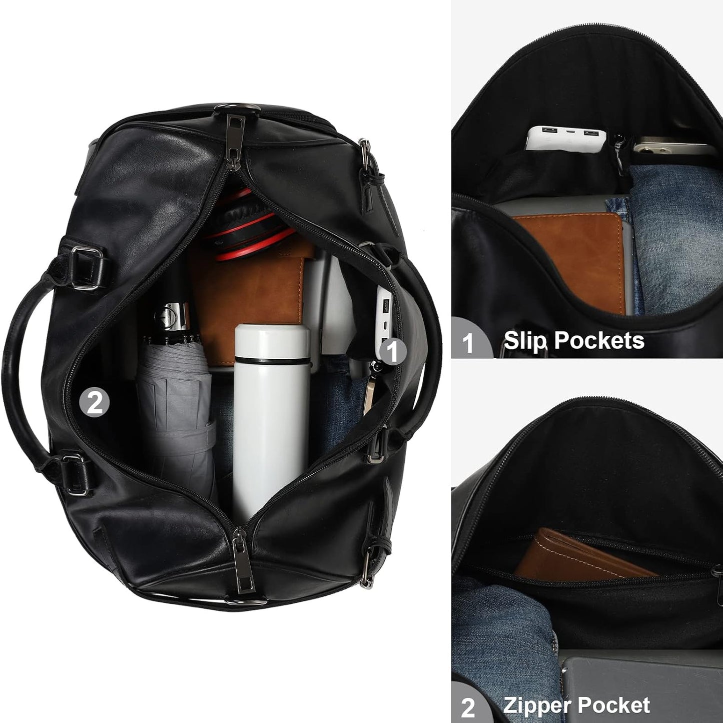 Vegan Leather Duffle Bag, LXY Travel Duffle Weekender Bag with Shoe Compartment, Duffel Overnight Gym Bags for Women Men Black