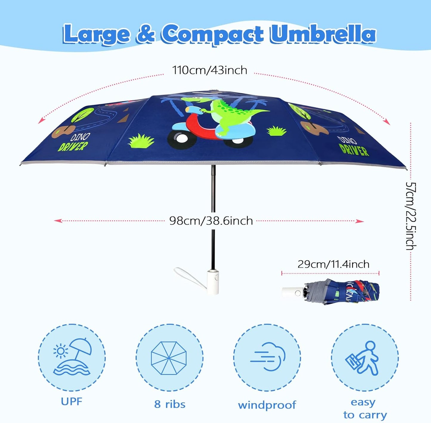 Kids Folding Umbrella Auto Open/Close Anti-rebound Safe Design UV Resistant Automatic Children Travel Umbrellas 8 Rib Reinforced Canopy 360° Reflective Strip Lightweight Cute Umbrella for Girls & Boys
