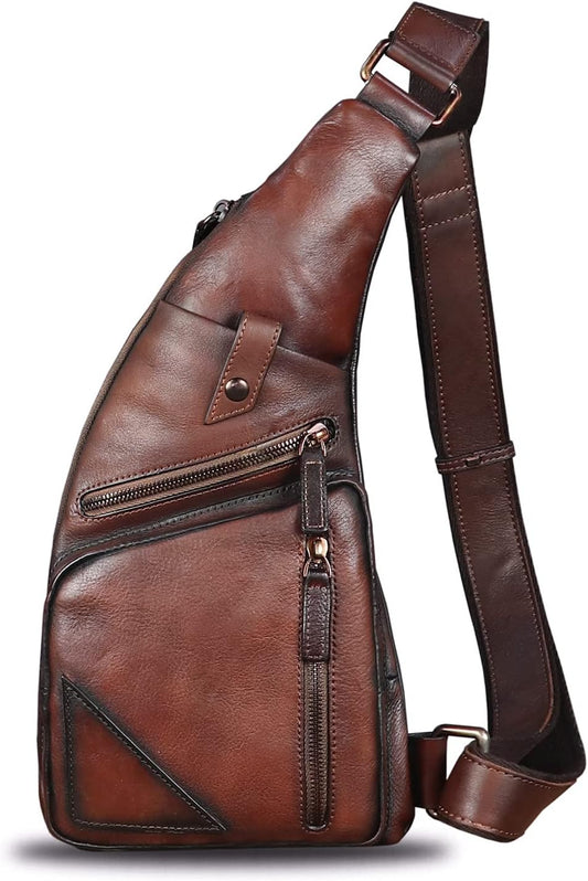 Genuine Leather Sling Bag for Men Vintage Handmade Crossbody Daypack Hiking Backpack Retro Crossbody Shoulder Bags (LightCoffee)