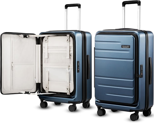 Checked Luggage with Spinner Wheels, FLO5 Expandable Polycarbonate Hard Shell Suitcase with TSA Approved Lock (FX-Core, Blue, 24 Inch)