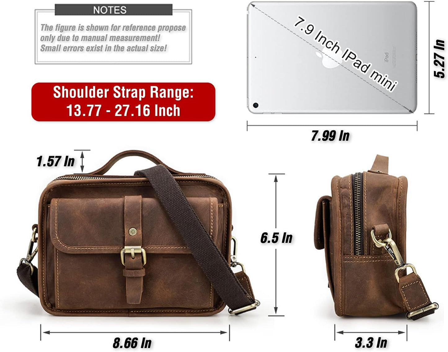 Top Grain Leather 8.3" Messenger Bag for Man & Woman, Multi Pockets, Fits to 7.9"/8.3" iPad for