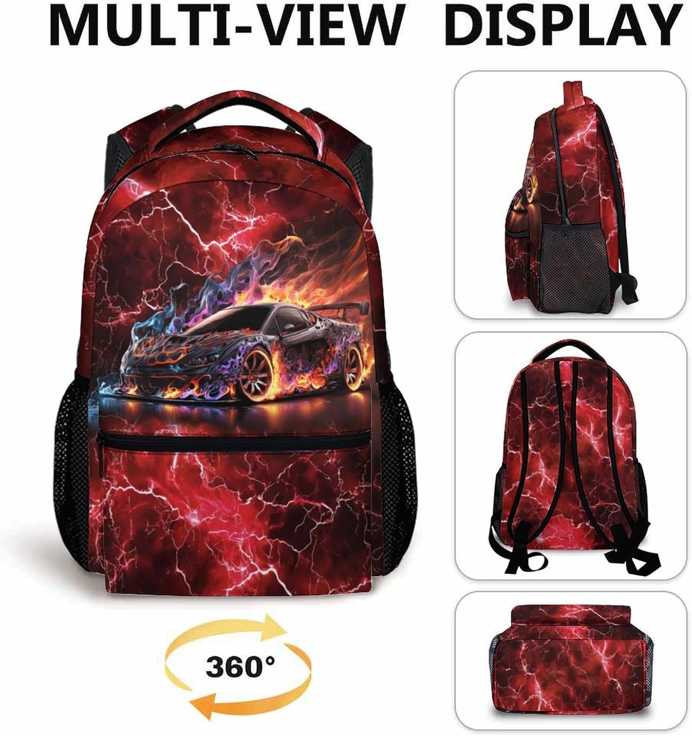 Boys Backpack, Kids Bookbag for Teens, Colorful 17 Inch Cool Race Car Backpack, Durable Schoolbag for Middle School Travel Camping Vacation
