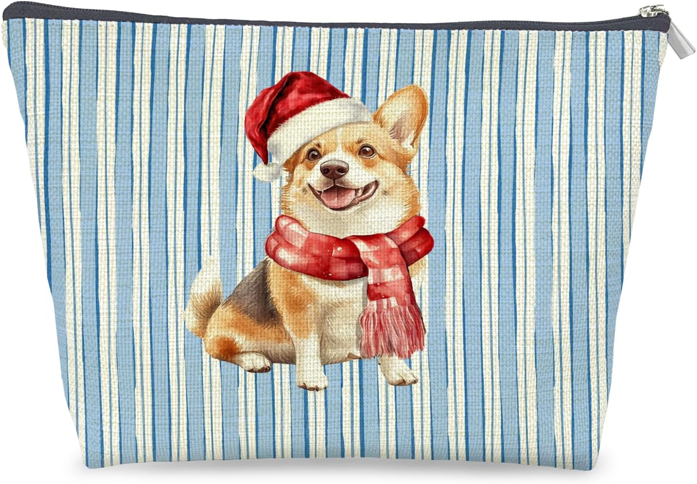 Christmas Corgi Makeup Bag Gifts for Women, Christmas Santa Hat Corgi Cosmetic Bag, Xmas Dog Blue Striped Winter Holiday Zipper Makeup Pouch Travel Toiletry Bag