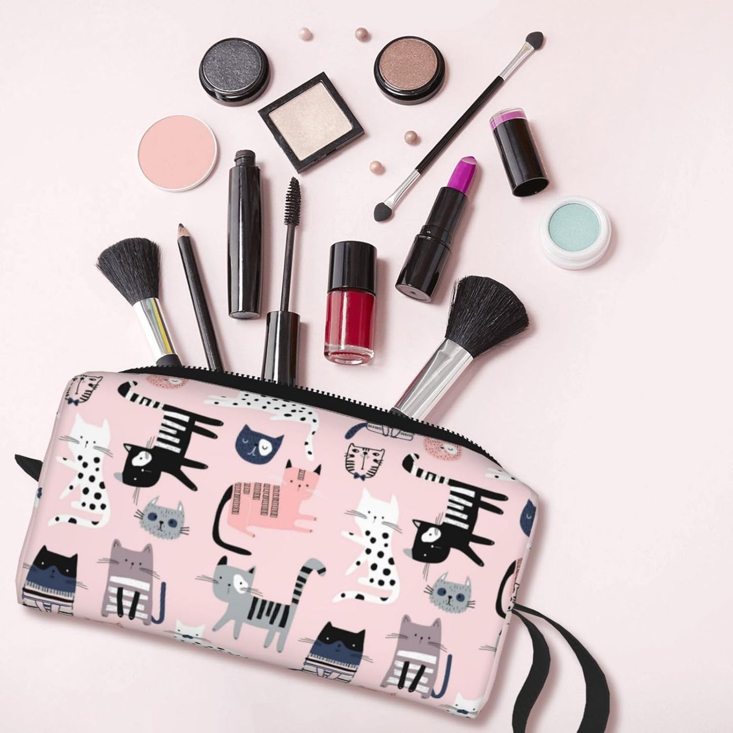 Cute Cats Makeup Bag Small Organizer Small Pink Travel Cosmetic Bags Compact Durable Oxford Fabric Multi-Purpose Storage Perfect for Travel, Gym, Daily Use
