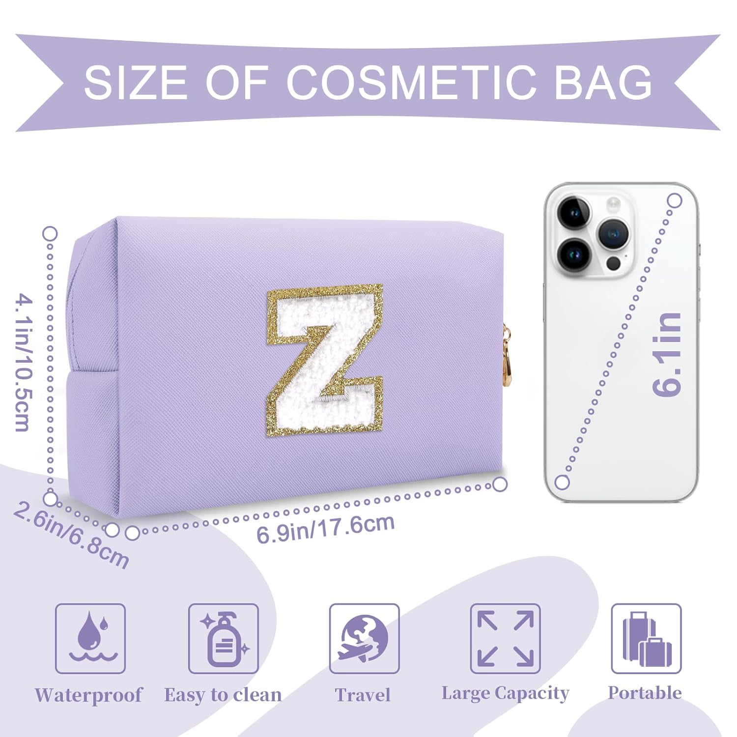 Personalized Makeup Bag Initial A-Z Preppy Patch Bag,Small PU Leather Travel Cosmetic Bag Pouch