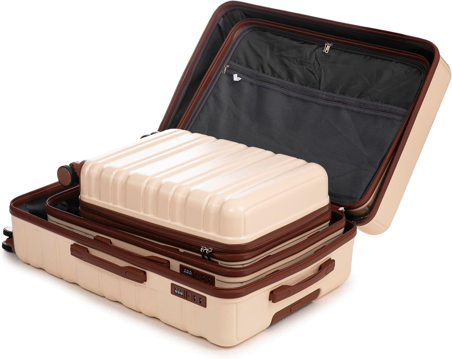 Campfun 3 Piece Luggage Sets, ABS Suitcase Set with Double Spinner Wheels Hang Hook, Durable Carry On Luggage with Combination Lock, 20/24/28 inch, Beige