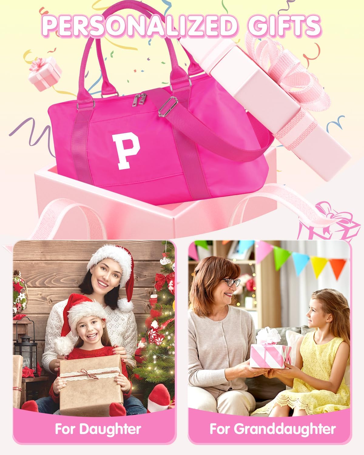 Overnight Bag for Kids Teen Girls Weekender Dance Bag Birthday Graduation Gifts,Initial Travel Duffel Bag Sports Gym Bag Personalized Weekender Bag Carry On Bags Preppy Gifts for Women(Hot Pink, P)