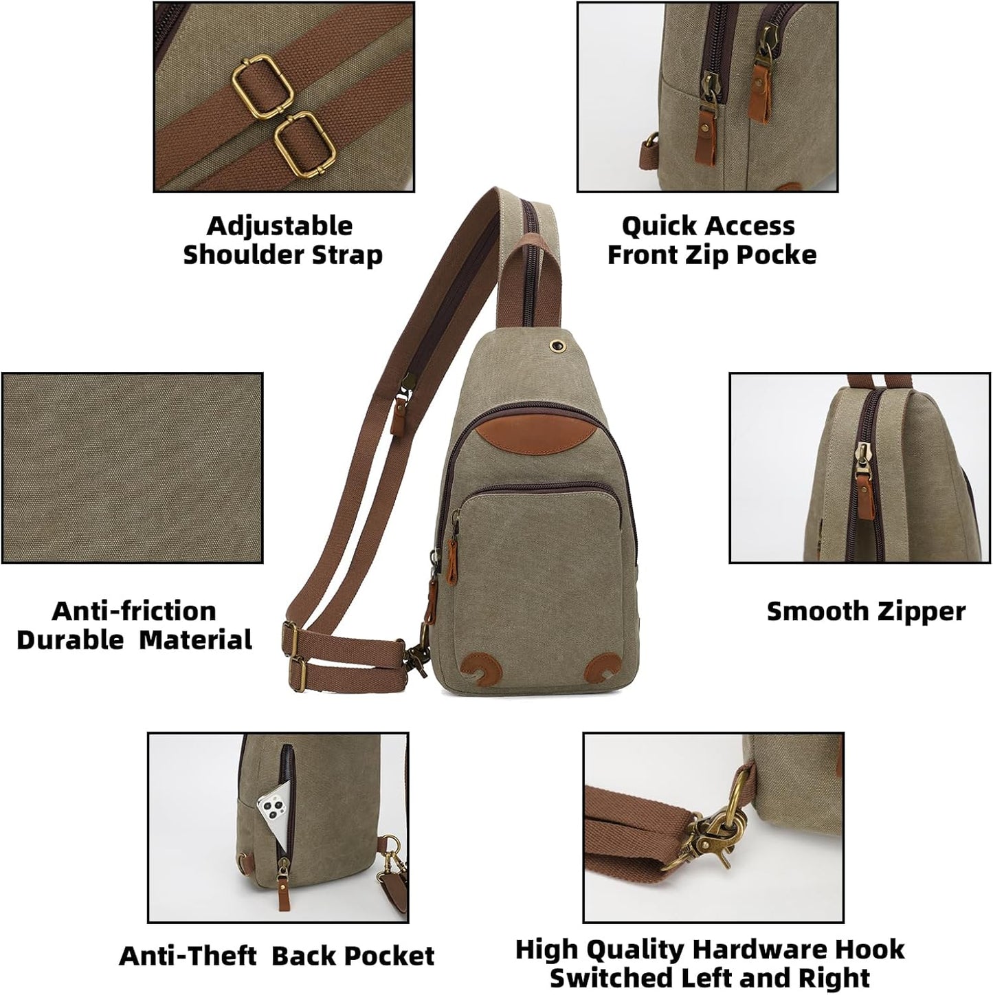 KL928 Canvas Sling Bag Crossbody Backpack Shoulder Casual Rucksack for Men Women,Olive Green