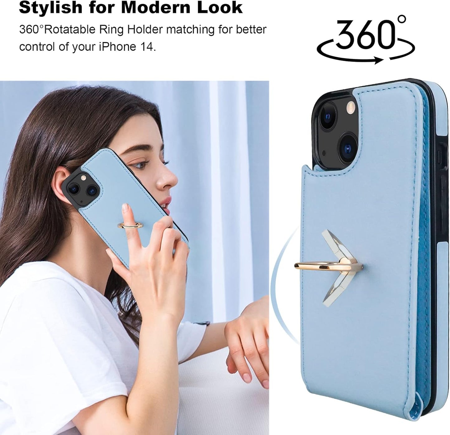 Folosu Compatible with iPhone 14 Case Wallet with Card Holder, 360°Rotation Finger Ring Holder Kickstand, RFID Blocking Leather Protective Double Buttons Shockproof Cover 6.1 Inch Blue