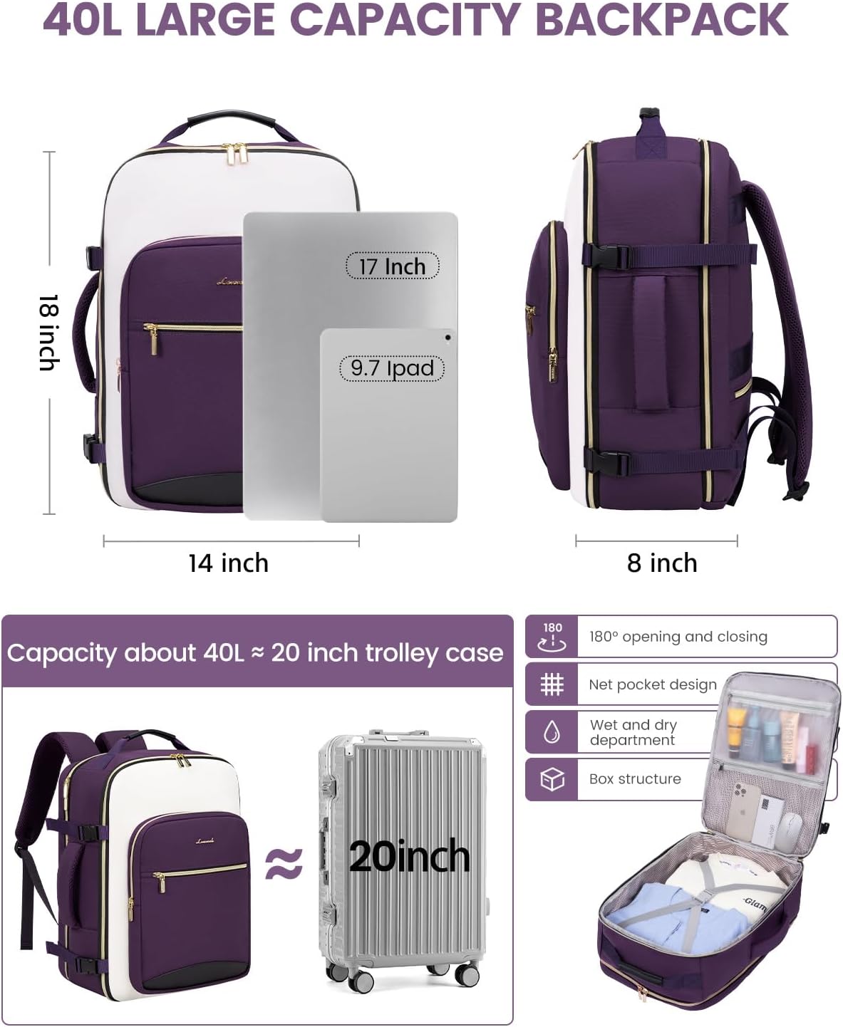LOVEVOOK 40L Travel Backpack for Women & Men, Airline Approved Carry On Luggage with 3 Packing Cubes, TSA Overnight Bags, Waterproof Personal Item Bag, Weekender Essentials Backpacks fits 17" Laptop