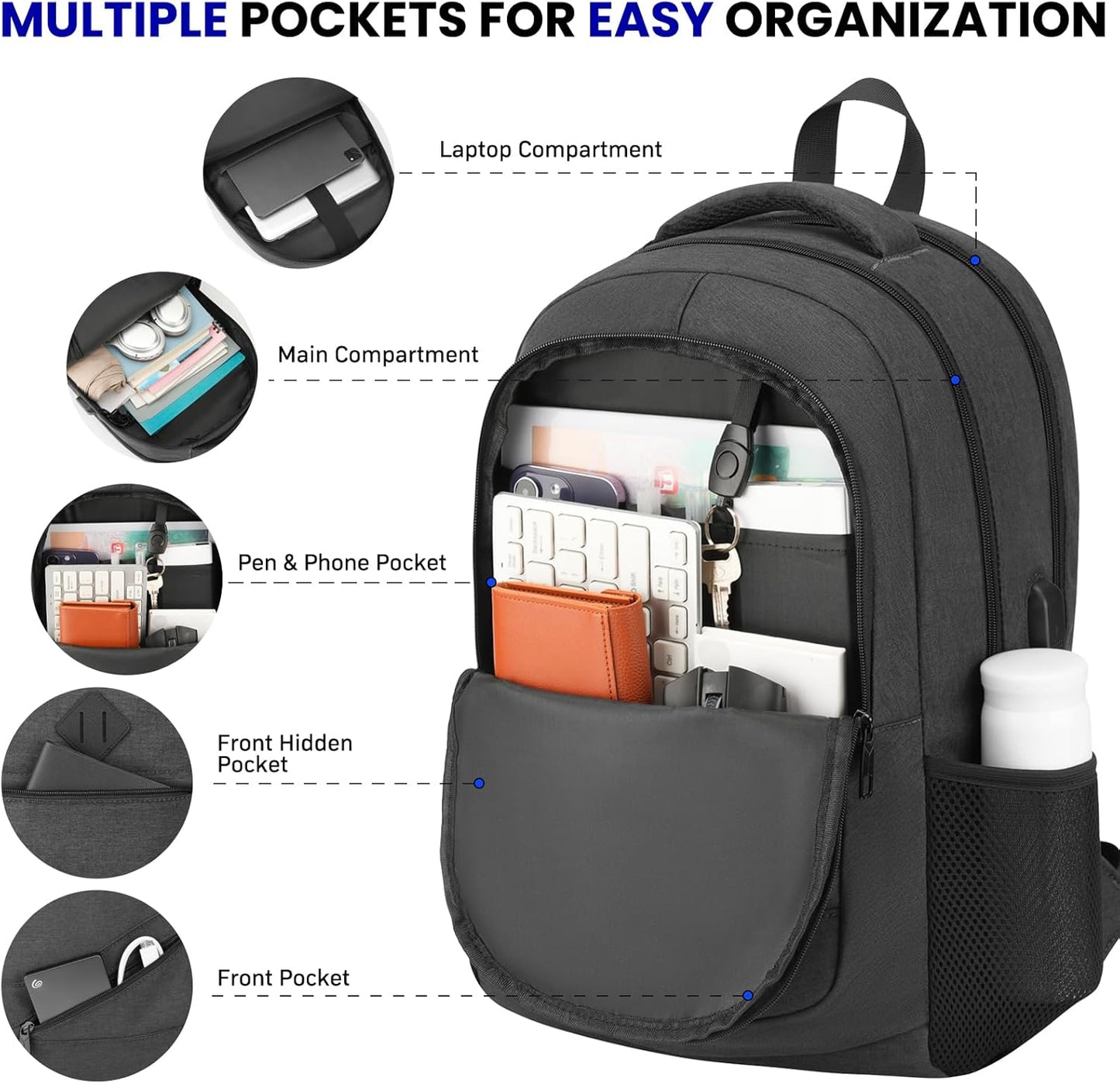 School Laptop Backpack for Women Men: 15.6 Inch College High School Backpacks with USB Charging Port Waterproof Travel Back Pack with Anti-theft Pockets Casual Work Daypack for Boys Students