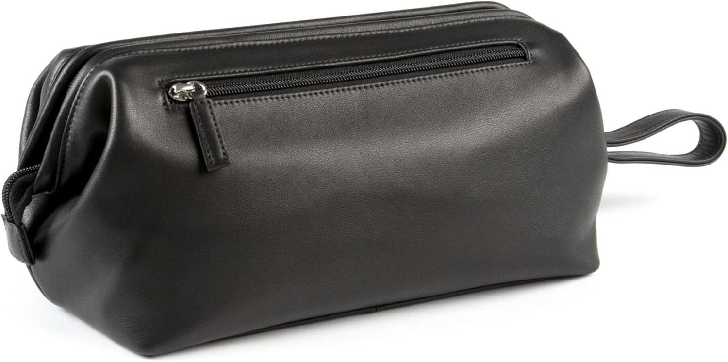 Leatherology Black Onyx Framed Toiletry Bag - Wide-mouth zippered opening, interior and exterior