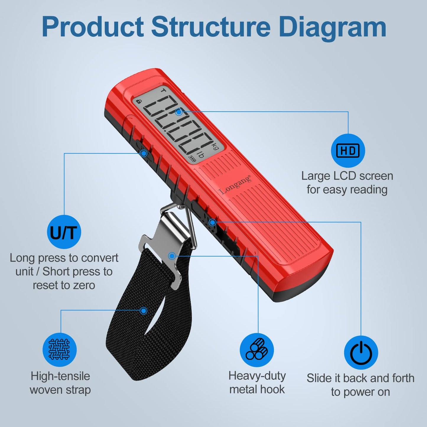 Battery-Free Digital Luggage Scale, 110lbs/50kg Portable Handheld Hanging Scale for Luggages, Suitcases, Backpacks & Bags, Easy Weighing for Travel, No Need Batteries (Red)
