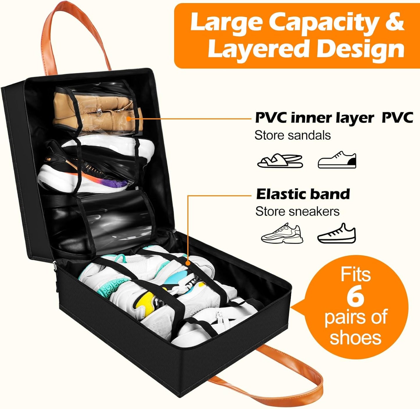 Yotako Shoe Bag for Travel with Leathers Handle,Portable Shoe Organizer with Pockets,3 in 1 Hanging Luggage Shoe Storage Bag,Travel Shoe Bag for Women Men Fit 6 PCS Shoes,Black