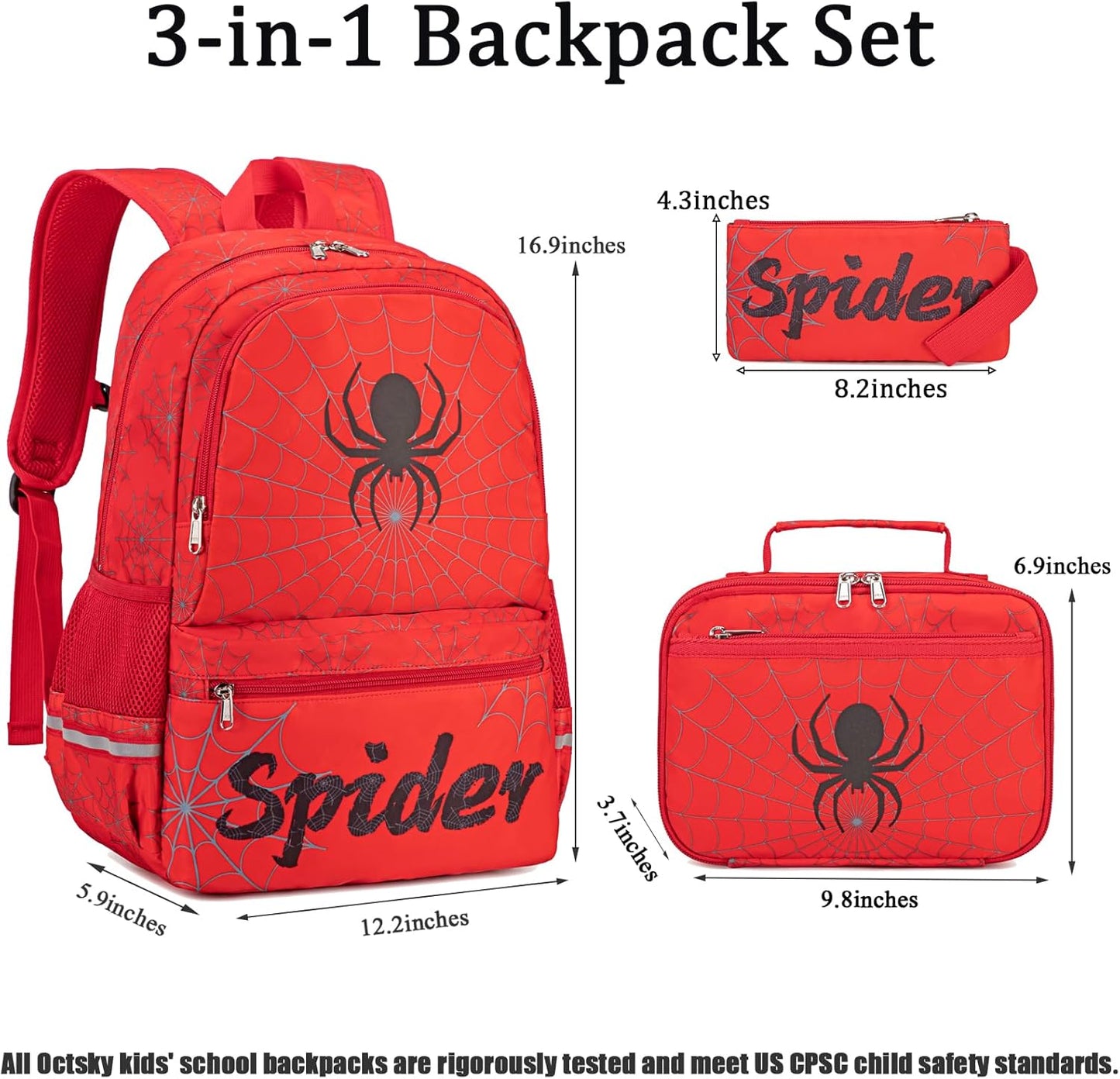 Octsky Kids School Backpack with Lunch Box Pencil Case for Boys, Spider Elementary Middle School Book Bags for Teen Boy Children, Red Black