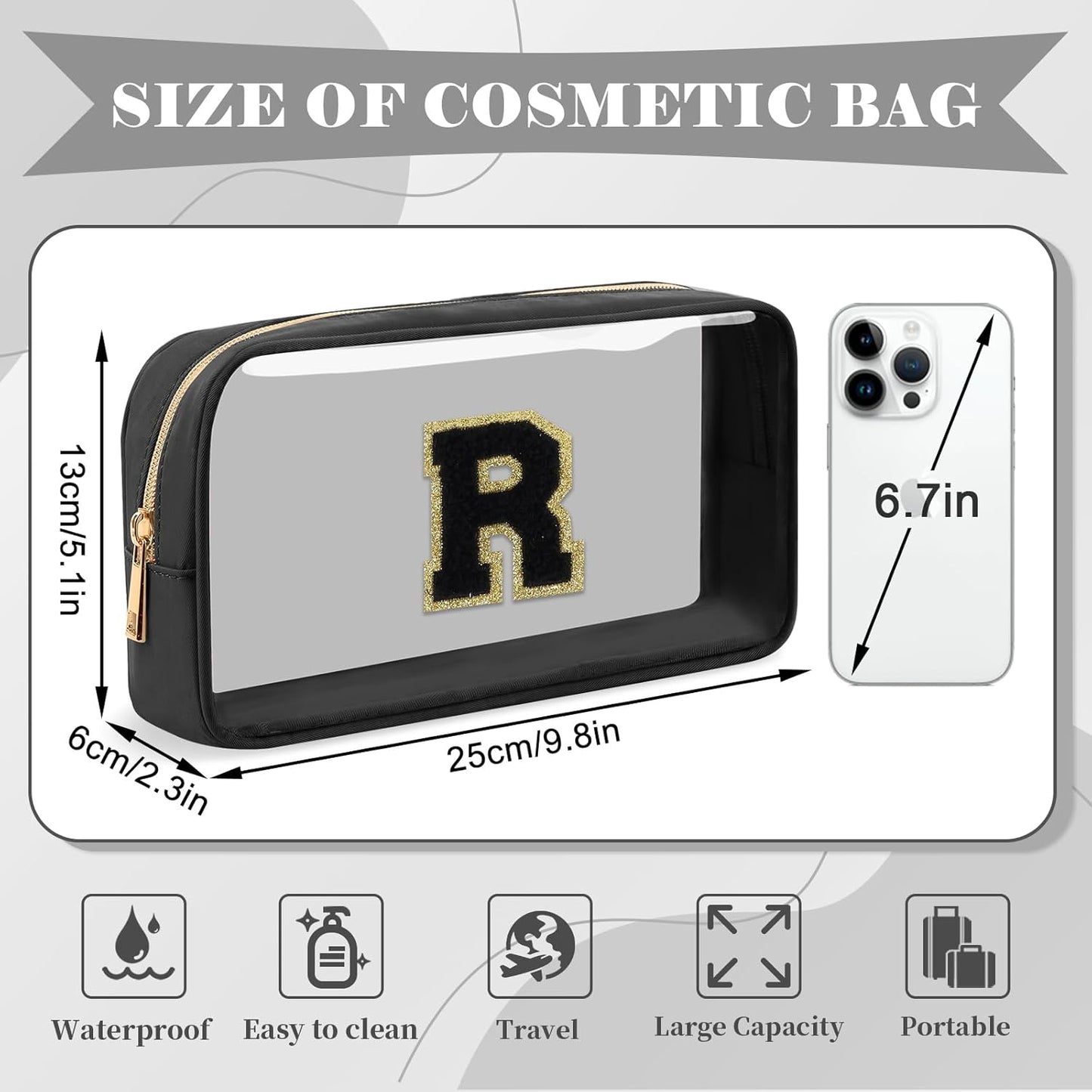 Personalized Initial Letter Clear Makeup Bag,Preppy Small Nylon&PVC Cosmetic Zipper Bag with Chenille Letter,Travel Skincare Toiletry Bag,Monogram Christmas Gift for Teen Girls Women,R