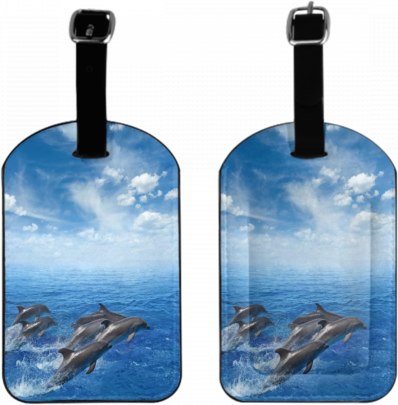 Dolphins Travel Baggage Labels Blue Ocean Blue Sky White Clouds Marine Wildlife Ocean Luggage Tags for Suitcase Handbags Backpacks Full Privacy Protection Cover, 1 Pack