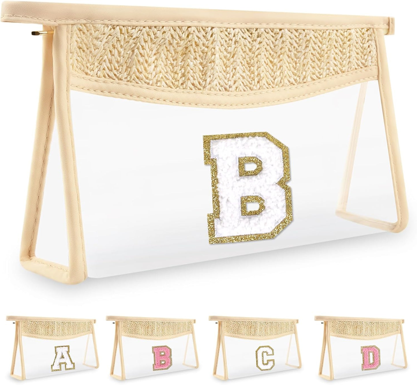 Personalized Initial Letter Bag Boho Straw Clear Makeup Bag,Small Cute Chenille Varsity Letter Bag With Zipper,Beach Travel Toiletry Bag,Portable Monogrammed Cosmetic Bag for Women Girls,B