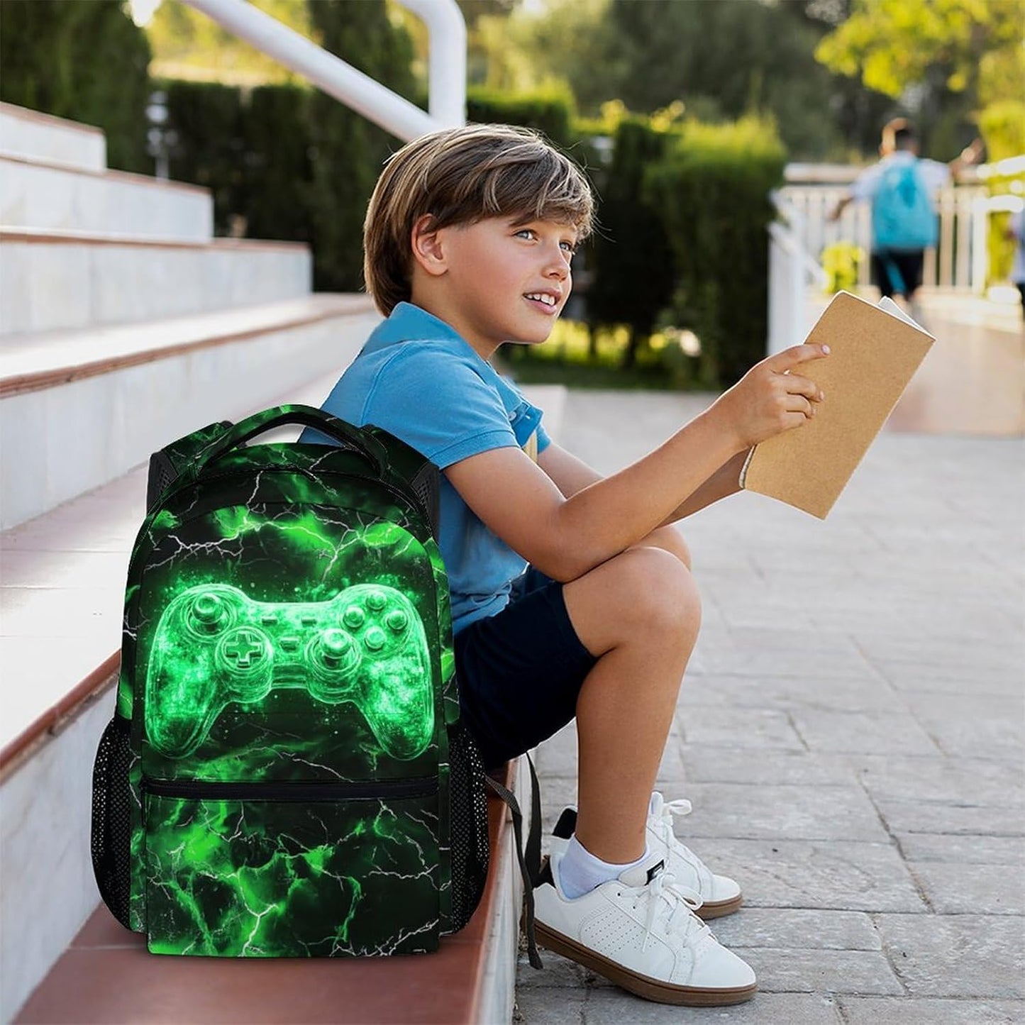 Kids Backpack, Cool Green Gamer Bookbag for Boys 6-8, Boys Gift for Birthday, 17 Inch Leisure Backpack for School Preschool Elementary Kindergarten
