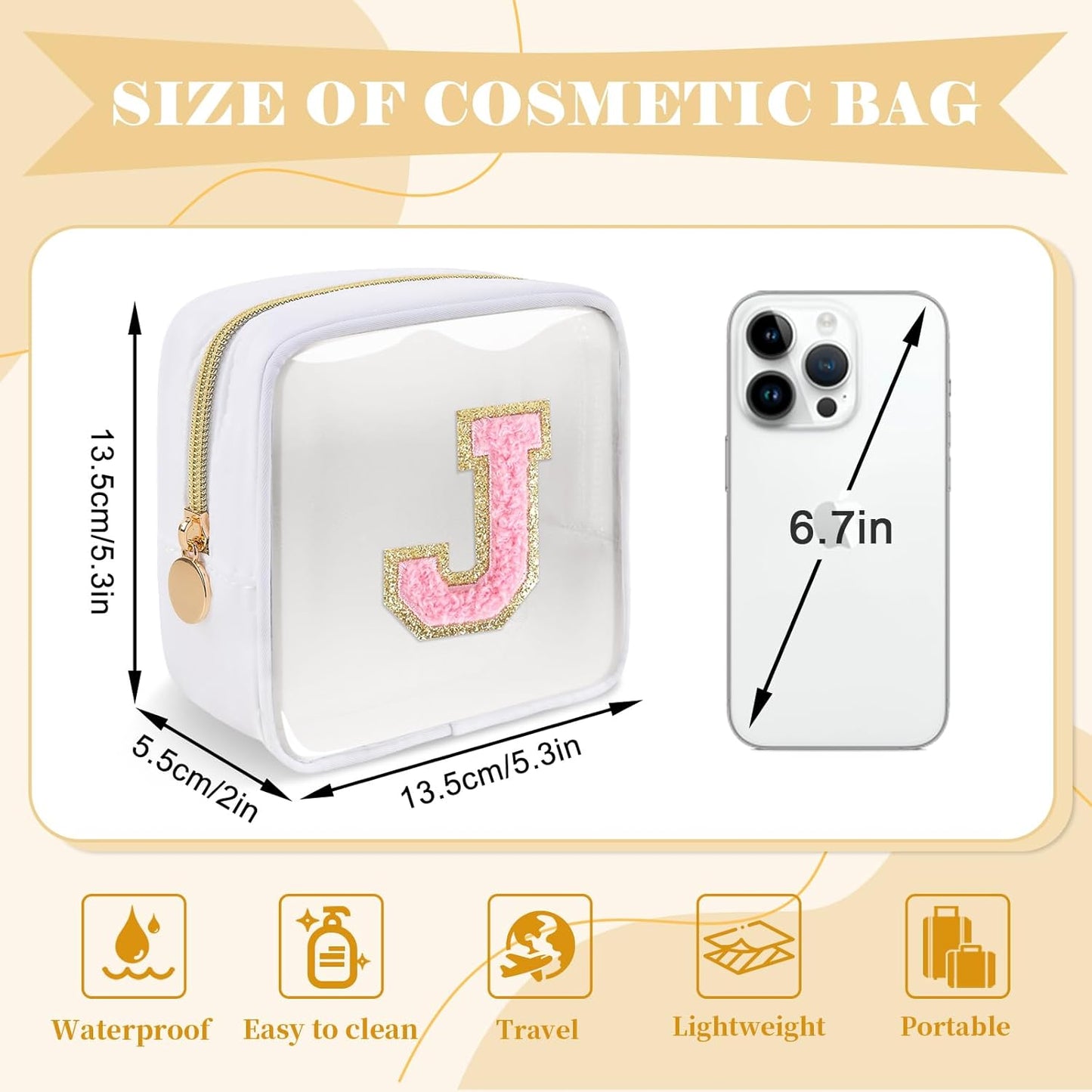 Personalized Initial Letter Clear Preppy Makeup Bag,Mini Nylon Chenille Letter Cosmetic Bag Cute Zipper Pouch Purse for Teen Girls,Portable TSA Approved Beach Travel Essentials Bag Gift for Women,J