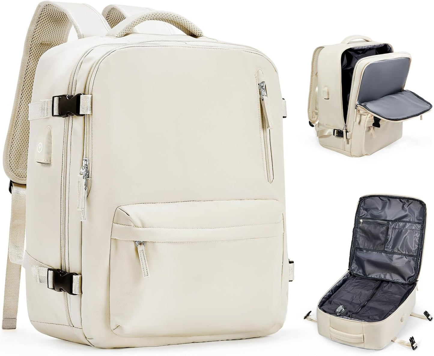 Travel Vacuum Backpack for Women Men, 33L Large Carry on Luggage Spirit United Flight Approved, 18×14×8IN Personal Item Travel Bag with Wet Dry Separation Pocket USB Charging, Beige