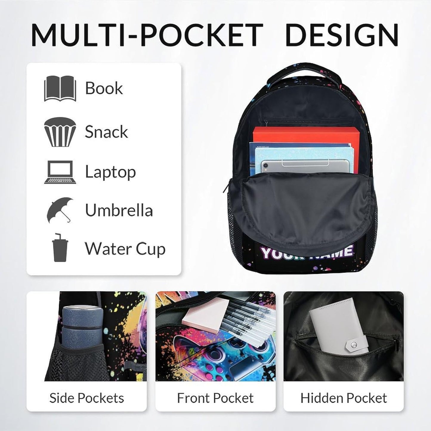 COZYAURA Customized Backpack - Video Gamer Bookbag with Lunch Box for School - Lightweight Black Gaming Backpacks for Boys