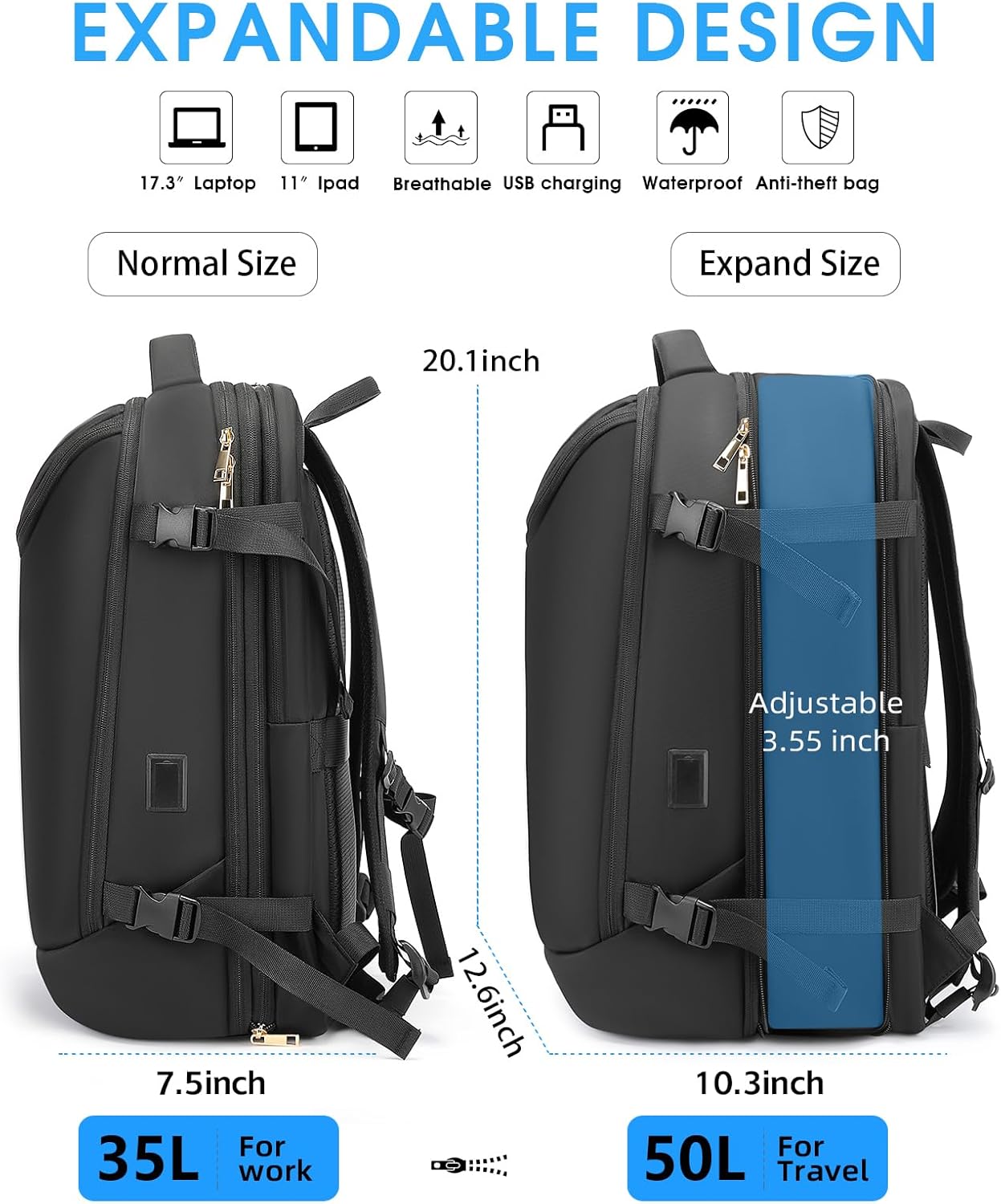 Travel Backpack for Women, 50L Extra Large Capacity Backpack with USB Charging Port, Expandable