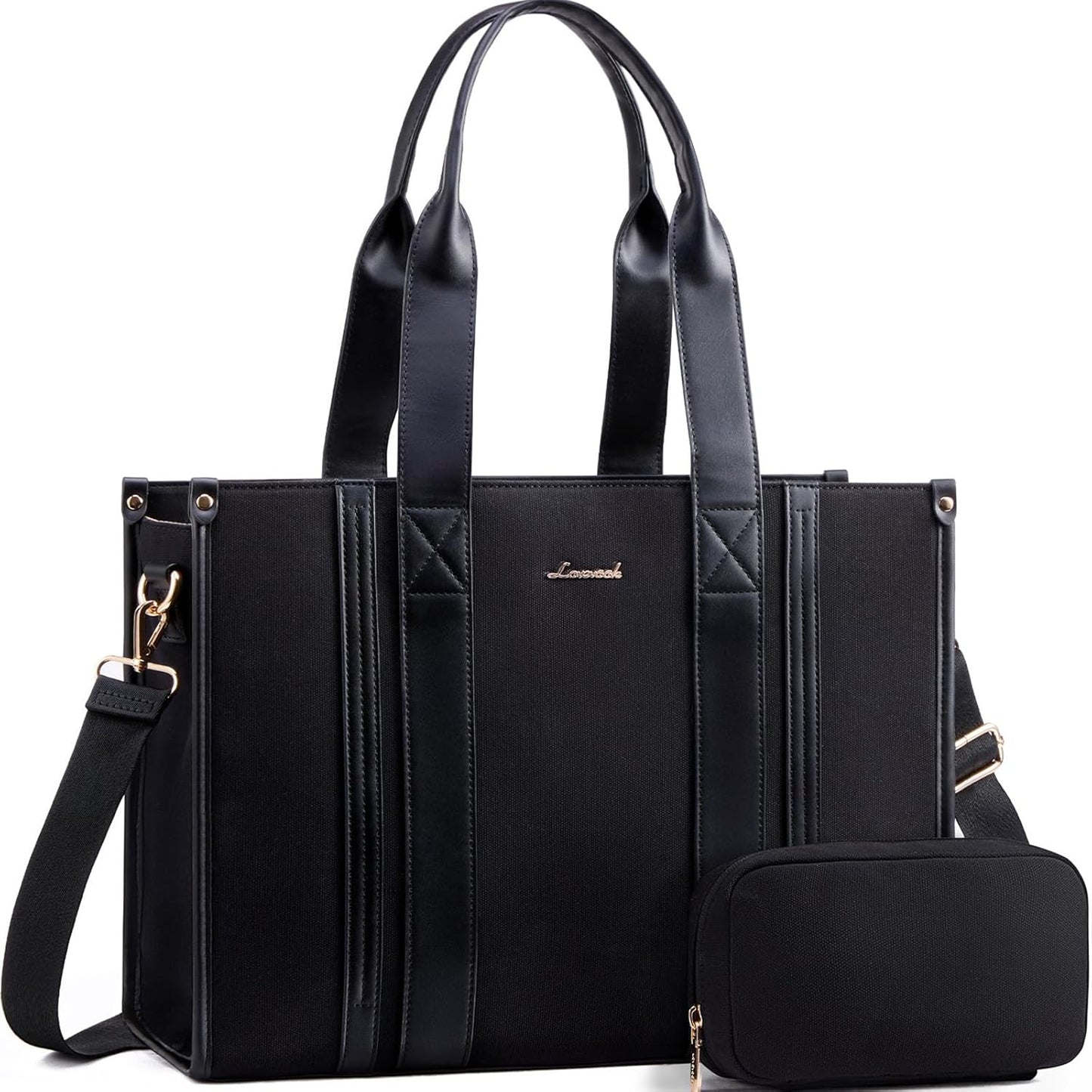 LOVEVOOK laptop bag for women 17 inch large Lightweight canvas work tote bags with Clutch Purse water resistant computer bags for laptops for women Business Office Travel college Casual, black