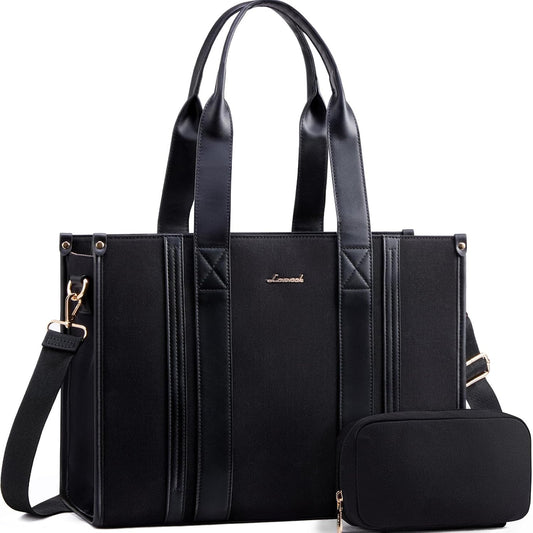 LOVEVOOK laptop bag for women 17 inch large Lightweight canvas work tote bags with Clutch Purse water resistant computer bags for laptops for women Business Office Travel college Casual, black