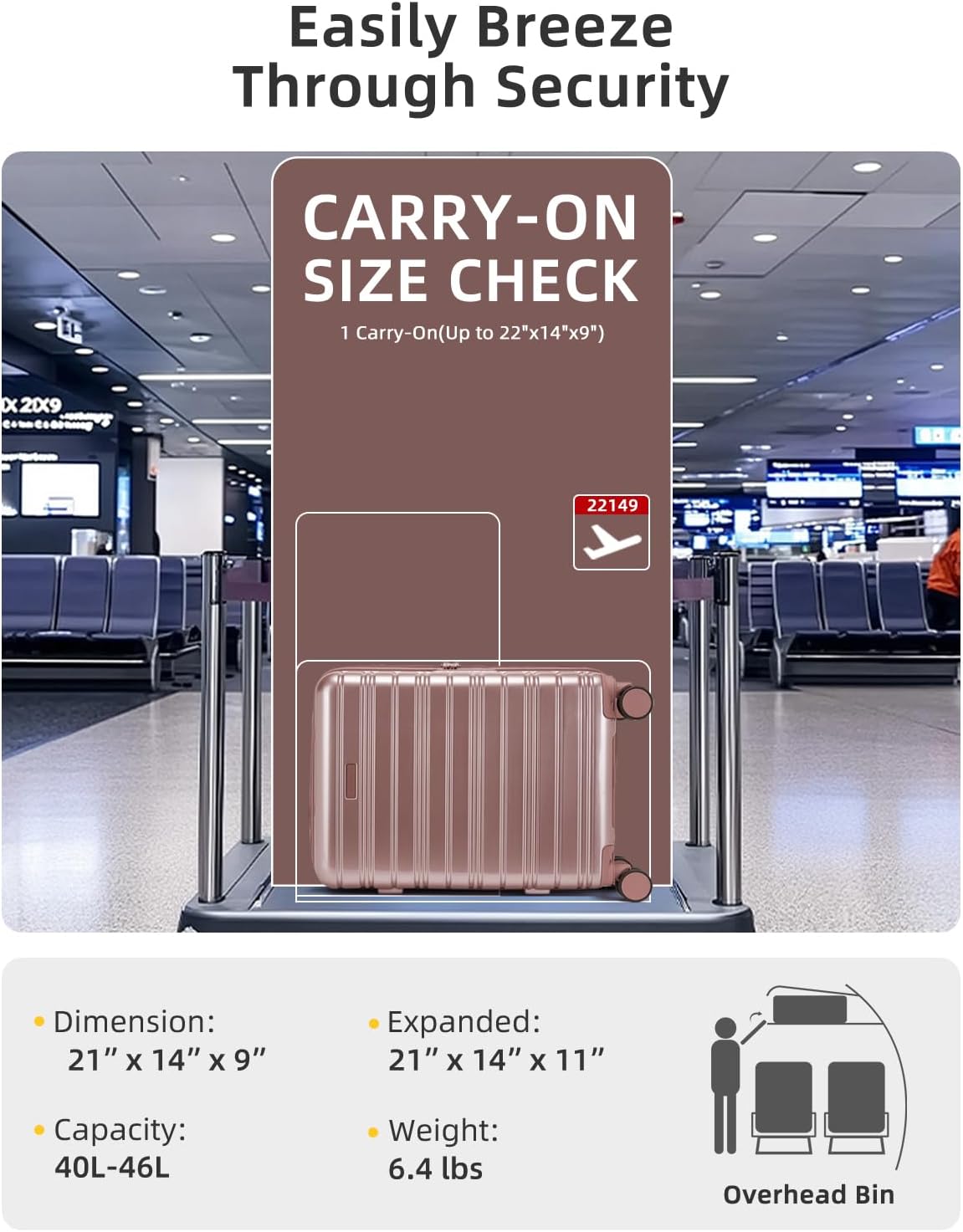 LARVENDER Carry On Luggage 22x14x9 Airline Approved, 20 Inch Expandable PC+ABS Hardside Suitcase Carry On Luggage with Spinner Wheels TSA Lock for Women Men (Rose Gold)