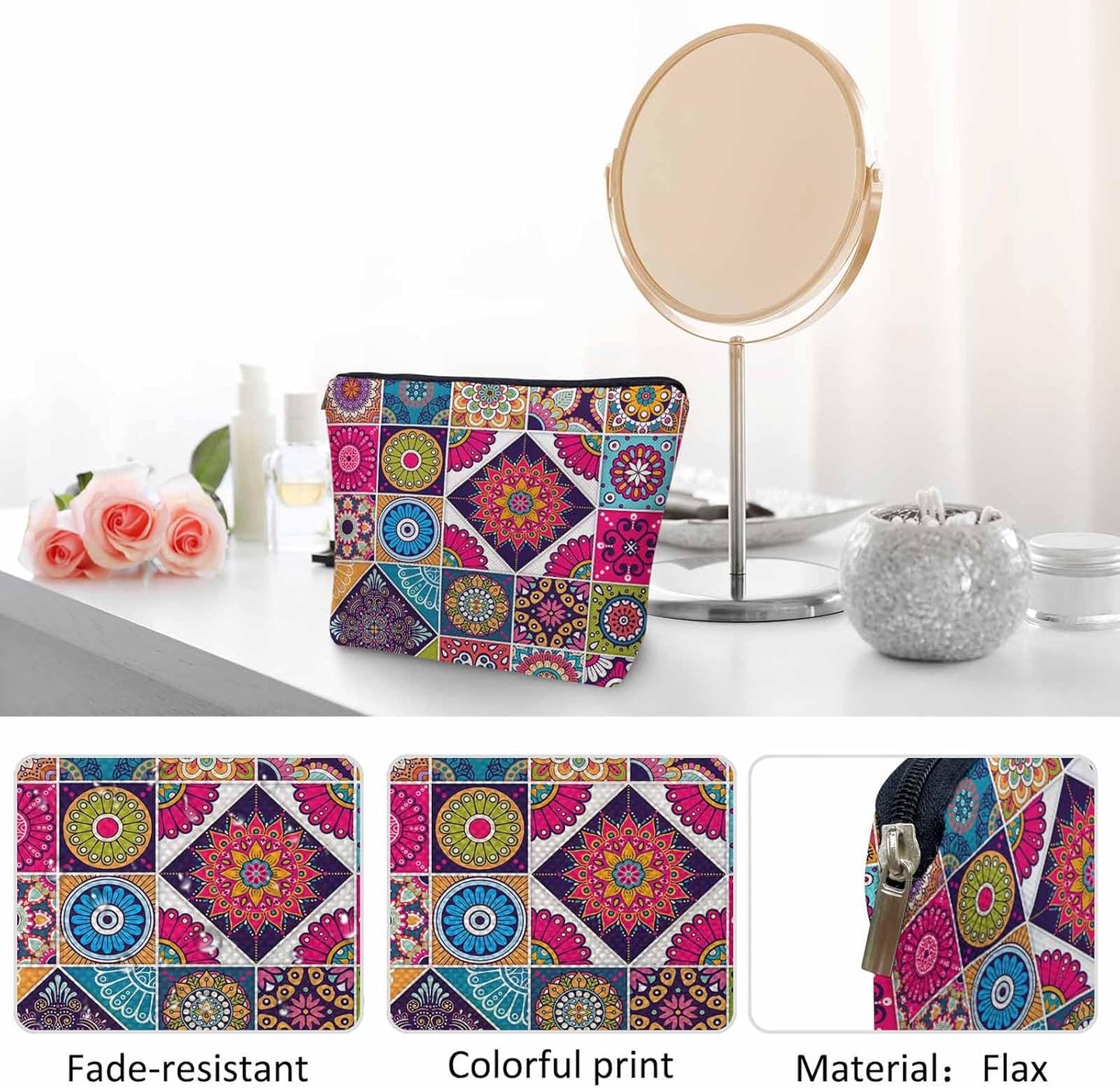 Women Makeup Organizer Bag Mandala Floral, Colorful Ethnic Mandala Flower Patchwork Flax Cosmetic Bag Makeup Bags Toiletry Bag Accessories Organizer Travel Bags For Home Bathroom Office Hotel