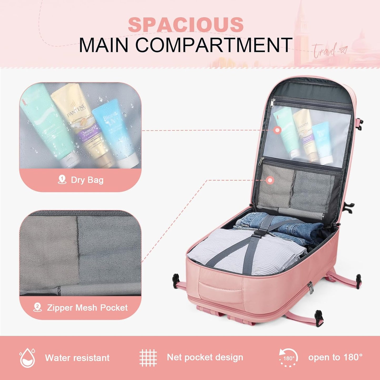 Maelstrom Travel Backpack for Women Men,35L Laptop Backpack Fits 17-Inch Laptop,Carry On Backpack for Airplanes with Crossbody Bag & Shoe Compartment&Toiletry Bag (Pink, Large)